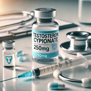 Testosteron Cypionate 250Mg Unique Pharma met fitness apparatuur en een spuit voor langdurige testosteronoptimalisatie