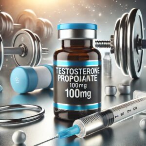 Testosteron Propionate 100mg Unique Pharma met fitness apparatuur en een spuit voor snelle testosteronoptimalisatie