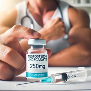 Testoteron Undecanoate 250MG Unique Pharma met spuit en fitnessapparatuur voor langdurige testosteronoptimalisatie